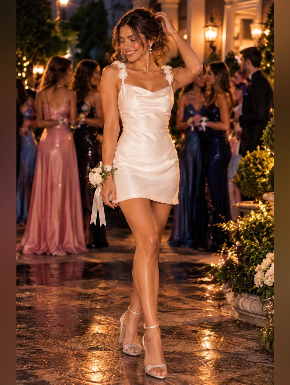 Thirty/Thirty Satin Draped Neck Dress with Flower Straps